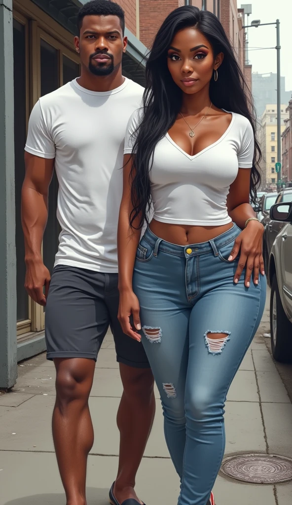 Elsa Jean wear white crop top and shorts blue denim, with a black man, black man wear formal dress,