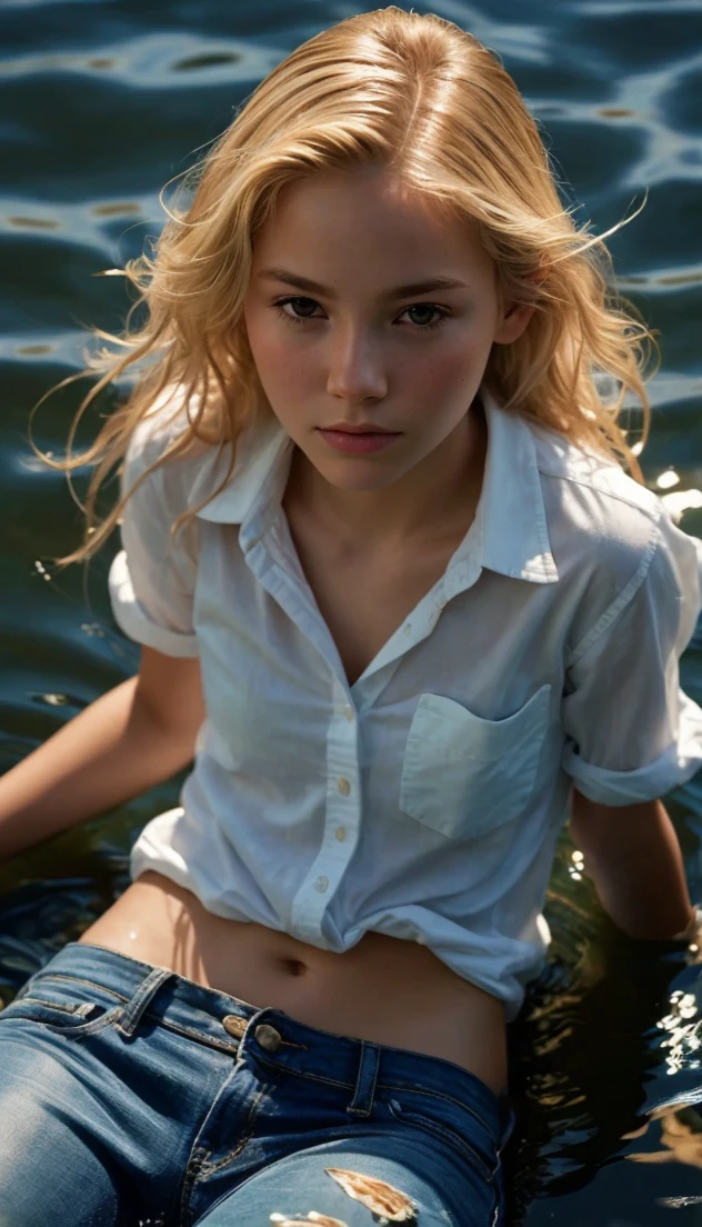 A photograpgh of a blonde tween girl sitting by the pool. She's wearing blue swim shorts and a cotton tank-top. 

1girl,  solo,  looking at viewer,  high resolution,  anatomically correct,  best quality,  masterpiece,  super detailed,  blonde hair,  from above,  portrait photography,  cinematic lighting,  dramatic pose,  elegant,  photorealistic,  volumetric lighting,  hyper-detailed skin,  intricate details,  glowing skin,  sharp focus,  vivid colors,  atmospheric,  seamless,  exquisite,  full body,  from behind,  from below,  Solo,  High Resolution,  Looking at viewer,  From Behind,  Masterpiece,  Accurate,  Anatomically Correct,  Award Winning,  Best Quality,  Detail,  High Details,  High Quality,  Quality,  Super Detailed,  Blonde Hair,  Closed Mouth,  Hyperdetailed,  Hyperrealism,  Photorealistic,  Portrait Photography,  short hair,  wide eyes,  Ponytail