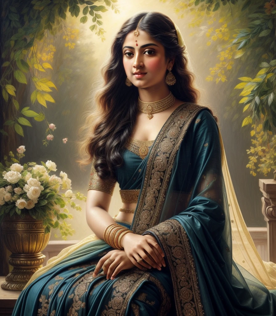 full body image of Beautiful Indian Woman, wearing saree, sari Beauty, gorgeous, Apsara, Maharani, royal queen woman, nymph from Hindu Mythology, Urvashi, matchless beauty, Highly detailed, Oil Painting by Peter Paul Rubens inspired by Raja Ravi Varma, Matchless beauty, captivating, gorgeous, heavenly beauty, celestial beauty, by Peter Paul Rubens, 13, realistic, hyper realistic, micro details, incredible artwork, insane details, ultra High resolution, 8k, 32k, acrylic on canvas, intricate, flawless, detailed, detailed face, detailed eyes, masterpiece, by Peter Paul Rubens, by Caravaggio, by William Adolphe bouguereau, perfect face, perfect body, beautiful art, realism, baroque, renaissance Art, highly textured, beautiful and detailed eyes, uhd, best quality,
