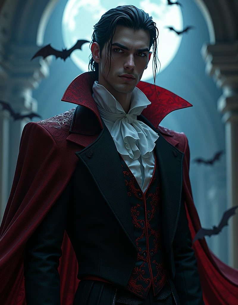 high quality 8k resolution, detailed and haunting, best quality, masterpiece, photorealistic, ultra-detailed, vampire, male, cunning, full body, anime