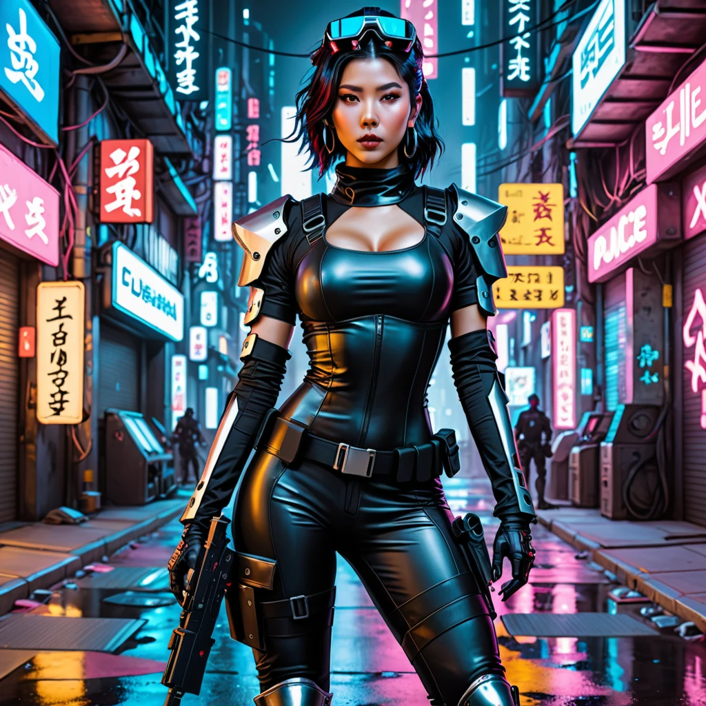 (highest quality、4k、8k、High resolution、masterpiece: 1.2)、Super detailed、(Real、Photorealistic、Photorealistic: 1.37)、SF、Beautiful young woman、Bounty Hunter、Cybernetic Weapons、Cyberspace、High Tech City、Shining neon lights、((Futuristic Fashion))、((Skin-tight, revealing clothing))、Mythical creatures、intense action、Fast-paced、Exciting soundtrack、explosion、Advanced technology、Sharp contrast、Gritty atmosphere、Black Market Trading、Skyline at night、Steampunk elements、Laser gun combat、Hidden Alley、hovering drone、Enhanced Vision、The unforgiving metropolis、Cybernetic Implants、Secret organizationysterious Informant、High Speed Chase、Impressive acrobatics、Colorful holograms、Urban Exploration、Navigating Virtual Reality、A diverse and multicultural society、Dystopian society、 Crowded city street、Hall々A high-rise building、Android Companion、Illegal cybernetic modifications、A heart-pounding adrenaline rush、Heroic determination、@maryna、crstrnmod