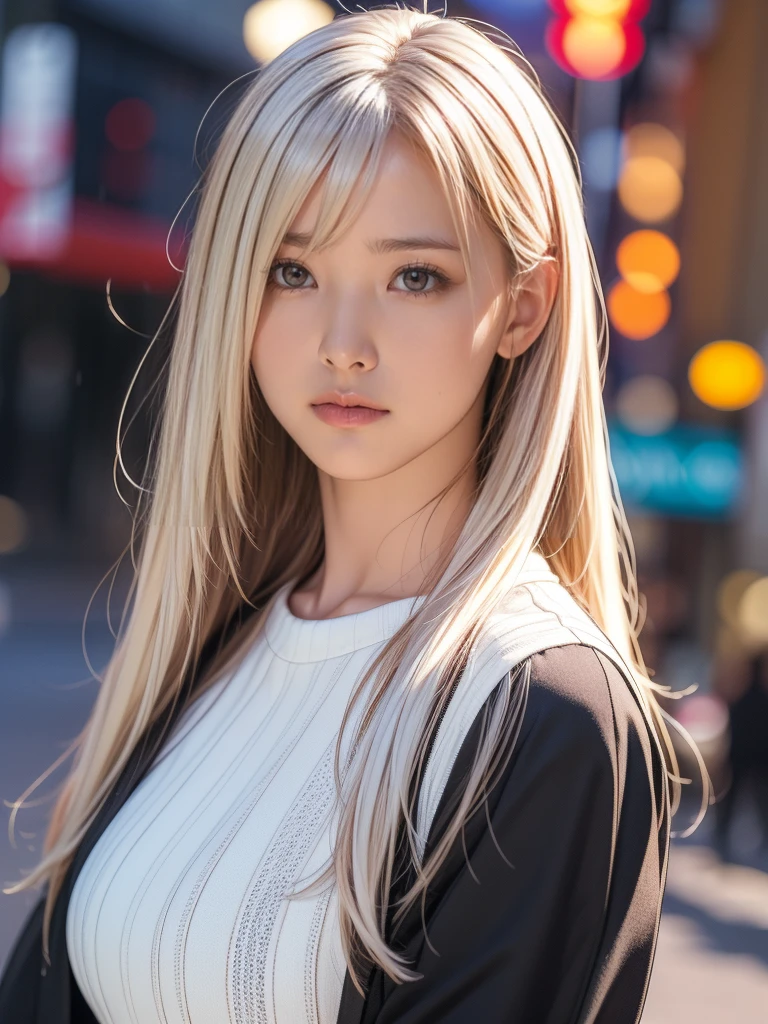 masterpiece,  best quality,  very detailed,  Cinematic Lightning , intricate detail,  High Resolution , Official Art, Beautiful face and eyes,  High Resolution のイラスト, 8k,  depth of field, Bokeh, Alone,  1 girl, A girl with white hair and red eyes, Long white hair, Beautiful red eyes,  beautiful scenery , Rainy Town,  upper body,  Staring at Viewers , close