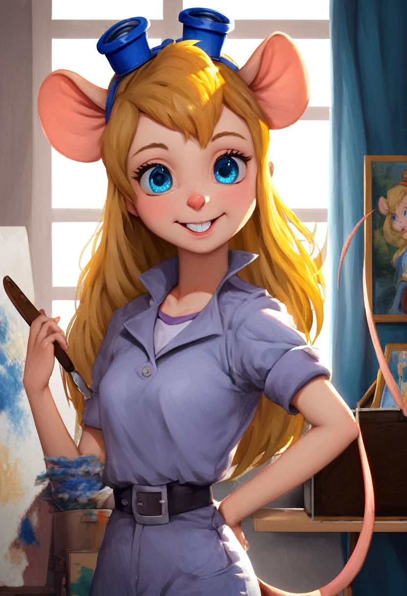 score_9, score_8, score_7, score_6, gadget, cartoon, mouse tail, blonde blue eyed girl with a brush and a painting board in front of a window, painted in anime painter studio, realistic cute girl painting, beautiful anime portrait, anime. soft lighting, detailed painting 4 k, anime style, anime artstyle, artwork in the style of guweiz, , made with anime painter studio, portrait anime girl