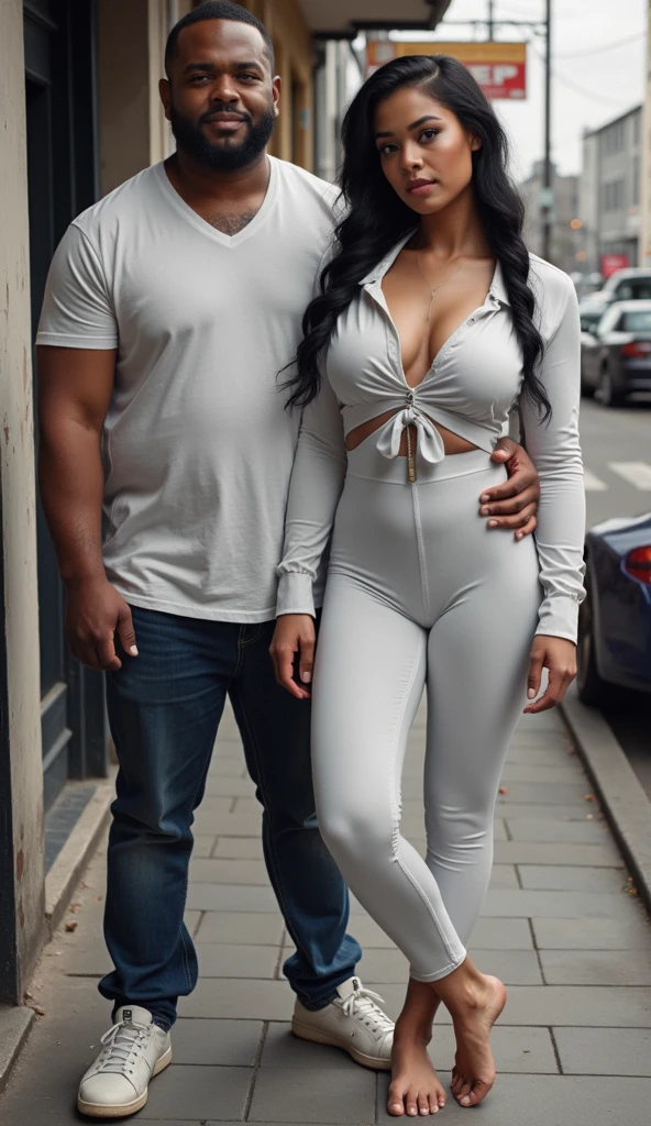 father wearing light colored spandex with a large bulge with a semi-erect penis. His daughter in light colored spandex hugging him from the side with her hand cupping his bulge. They passionately kiss and the daughter makes her father cum in his spandex