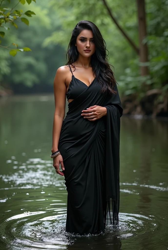 A beautiful European women, queen, Hands up fixing hair, full body, wearing torn dress, long dress, bone crown, grey sky, Post-Apocalyptic city, lianas, trees, forest. She is 24 years old, has black hair, long hair, curly hair and black eyes. Her cloth is stylish and her overall appearance is stunning. The girl's face is extremely detailed with beautifully detailed lips. Her skin is anatomically correct with realistic textures. The image should have super high details and be of the best quality, with a resolution of 8K. The final result should be a masterpiece, showcasing the girl's beauty and the vibrant atmosphere of The destroyed Post-Apocalyptic city and forest