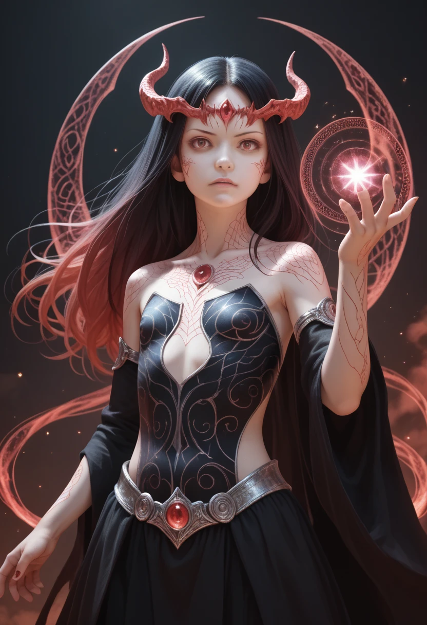 (style_ethereal_fantasy,visual appealing,synced,intricate character design,mystica:1.2)(Photorealistic:1.1)1 girl,evil,tareme,flat chest,magic