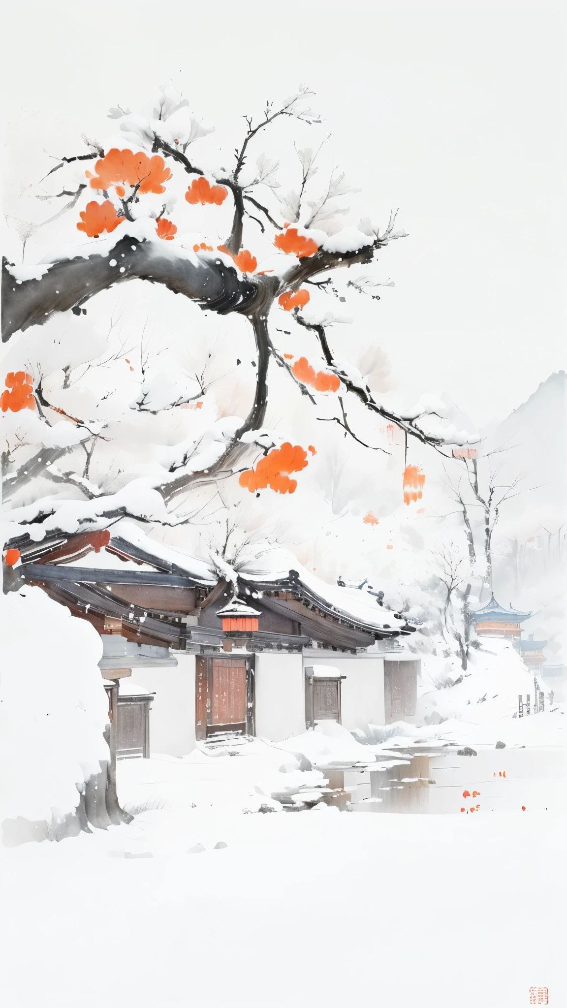 there is a painting of a person walking in the snow, chinese painting style, chinese watercolor style, chinese style painting, traditional chinese painting, traditional chinese ink painting, ink painting ) ) ) ), chinese brush pen illustration, traditional chinese watercolor, inspired by Dong Qichang, by Zhou Fang, chinese ink painting, museum ink painting, by Dong Qichang