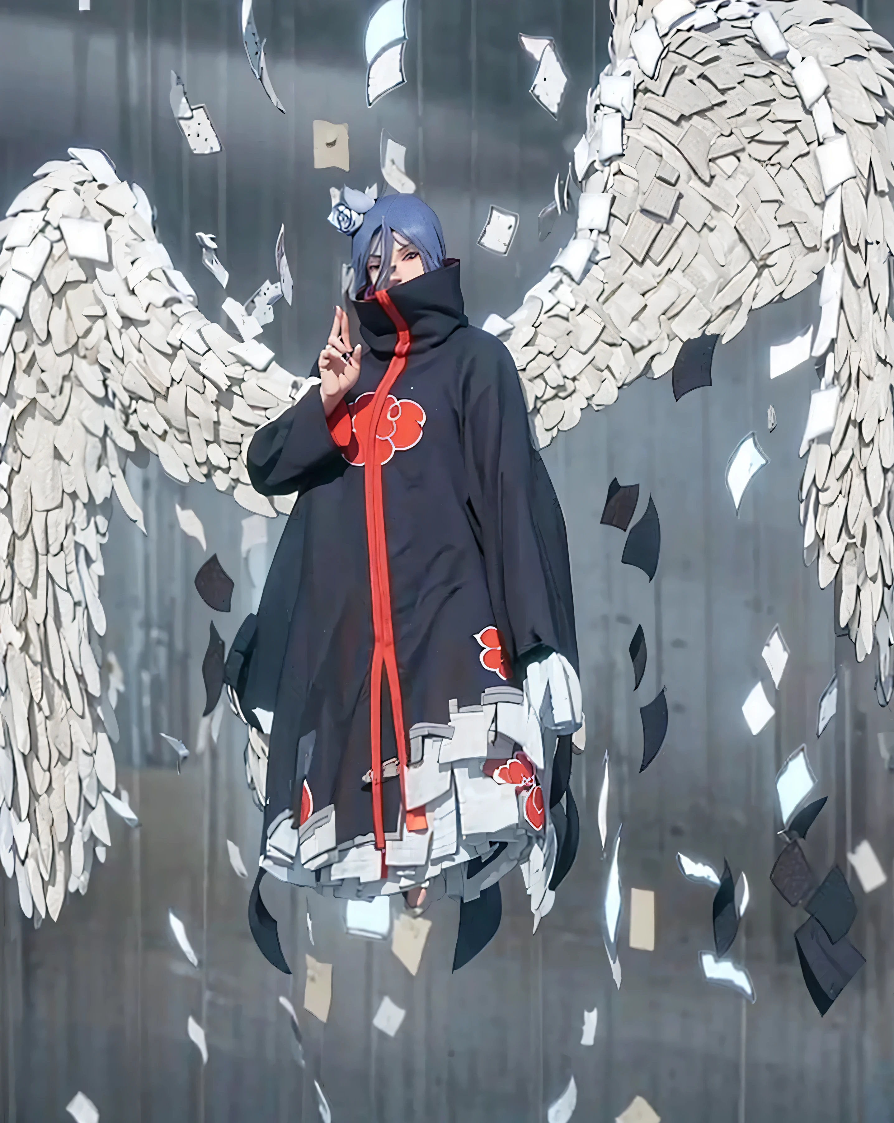 ( KONAN AKATSUKI _NARUTO),((realistic, photorealistic)),(highlight hair)), Light reflection, (( HD )),((upper body)), (((best quality, masterpiece))), (masterpiece) (best quality) (detail) (8k) (HDR) (wallpaper) (cinematic lighting) (sharp focuasterpiece, best quality: 1.1), Real life adaption of this character, Asian teen beauty face, Shining Purple eyes, realistic outfit, realistic shadow, realistic light, realism, hyper realistic, realistic background,(photorealistic:1.2), 1girls,（8K，RAW photos），（best qualtiy），（tmasterpiece），（realisticlying，）（Photorealistic and realistic），（A high resolution），Hyper-detailing，（hentail realism：1.1），beauitful face，
（1female：1.1），Female pervert，（looki at viewer），cowboy lens，jpn，
Xiaonan\（Naruto\），（AKATSUKI OUTFIT：1.1），La Brett piercing，（cleavage:1.5），（Off-the-shoulder attire:1.5)，ssmile，Be red in the face，Upper body photo
Dark blue hair，orange eyes, （Flying White Paper:1.5）paper wings,
profesional lighting、photon maping、physically-based renderingt、
Dark theme，（8K，RAW photos），（best qualtiy），（tmasterpiece），（realisticlying，）（Photorealistic and realistic），（A high resolution），Hyper-detailing，（hentail realism：1.1），beauitful face，
（1female：1.1），Female pervert，（looki at viewer），cowboy lens，jpn，
Xiaonan\（Naruto\），（AKATSUKI OUTFIT：1.1），La Brett piercing，（cleavage:1.5），（Off-the-shoulder attire:1.5)，ssmile，Be red in the face，Upper body photo
Dark blue hair，orange eyes, （Flying White Paper:1.5）paper wings,
profesional lighting、photon maping、physically-based renderingt、
Dark theme，konan, konan, short hair, hair ornament, blue hair, flower, hair flower, (orange eyes:1.2), (labret piercing:1.2), eyeshadow,
BREAK coat, cloak, black coat, black cloak, (akatsuki uniform:1.5), akatsuki \(naruto\),
BREAK outdoors, forest, nature, sky, cloud, sun,
BREAK looking at viewer, (cowboy shot:1.5),
BREAK (masterpiece:1.2), best quality, high resolution, unity 8k wallpaper, (illustration:0.8), (beautiful detailed eyes:1.6), 