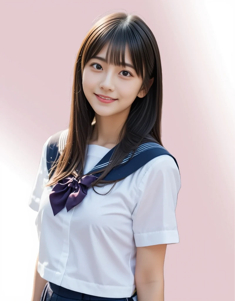 (nsfw:1.5), (masterpiece, best quality:1.2), 1girl, Alone, cute, ( super cute idol-like face:1.2)、 beautiful Japanese woman、(Age 15),  ( white sailor school uniform,  navy blue pleated skirt that touches the thigh:1.2), ((smile)), Sexy and beautiful figure, Small breasts,  very detailed faceと肌の質感、Sophistication、 very detailed face、Black Hair, Slightly longer bob hair、With bangs、 cute girl 、The best beautiful girl、Shining Eyes、 Model style, 　(In a vast, beautiful pink cosmos field),