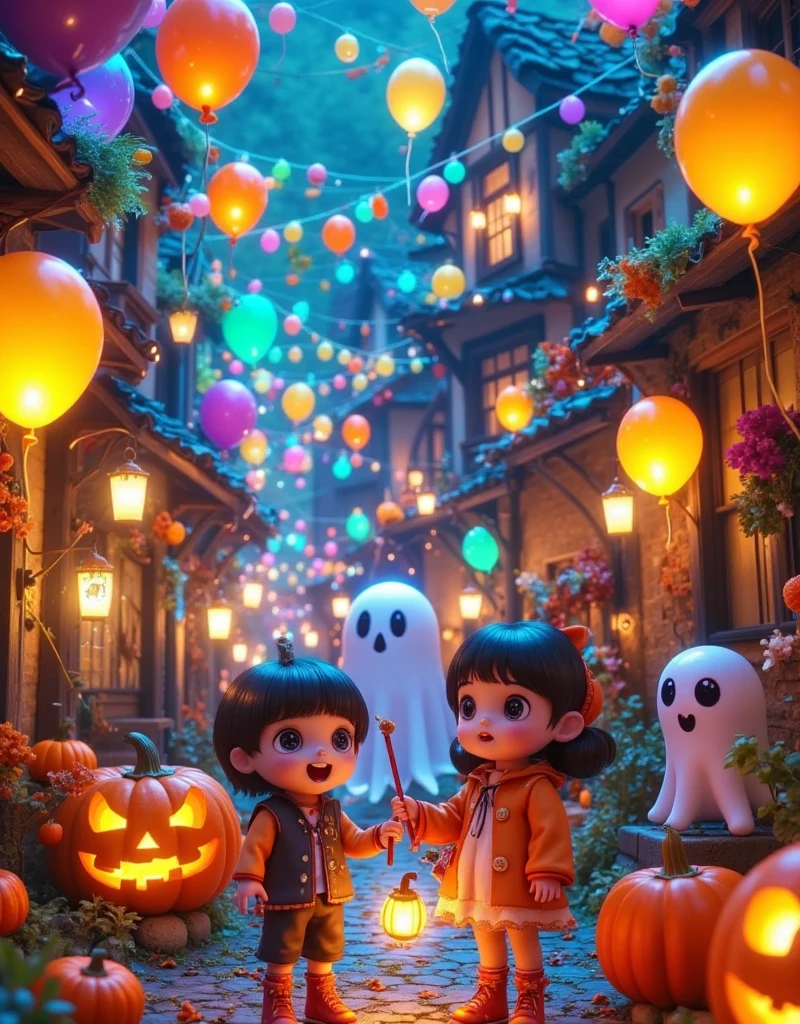 (Vision:1.0)，(Wide Angle:1.0)，(whole body:1.8)，  Halloween themed haunted house ，1girl,  A female model wears scary Halloween makeup，Wear a Halloween character costume，decorate，Atmosphere，(Halloween lanterns :1.3)，(colorful candy:1.5)，Halloween ，detail，vivid，Research 3D game art，photography，Movie Stills，Realism，Film Grain，UHD，masterpiece，accurate， anatomically correct，Skin texture ，超高detail，Award-winning works， best quality on the tree，8k，Bright colors，Bright，RGB， Colorful， is popular on social platforms，((Dopamineism))，(((Dopamine color matching)))，Facing the screen，High Saturation， High Contrast 