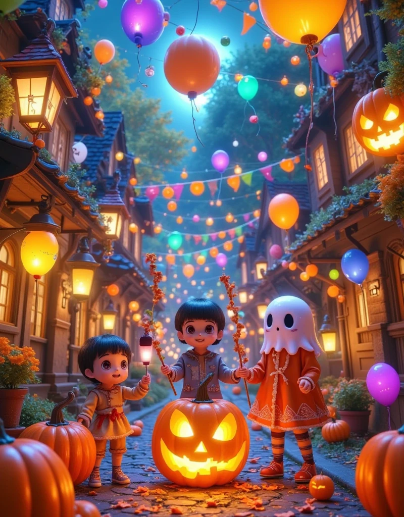 (Vision:1.0)，(Wide Angle:1.0)，(whole body:1.8)，  Halloween themed haunted house ，1girl,  A female model wears scary Halloween makeup，Wear a Halloween character costume，decorate，Atmosphere，(Halloween lanterns :1.3)，(colorful candy:1.5)，Halloween ，detail，vivid，Research 3D game art，photography，Movie Stills，Realism，Film Grain，UHD，masterpiece，accurate， anatomically correct，Skin texture ，超高detail，Award-winning works， best quality on the tree，8k，Bright colors，Bright，RGB， Colorful， is popular on social platforms，((Dopamineism))，(((Dopamine color matching)))，Facing the screen，High Saturation， High Contrast 