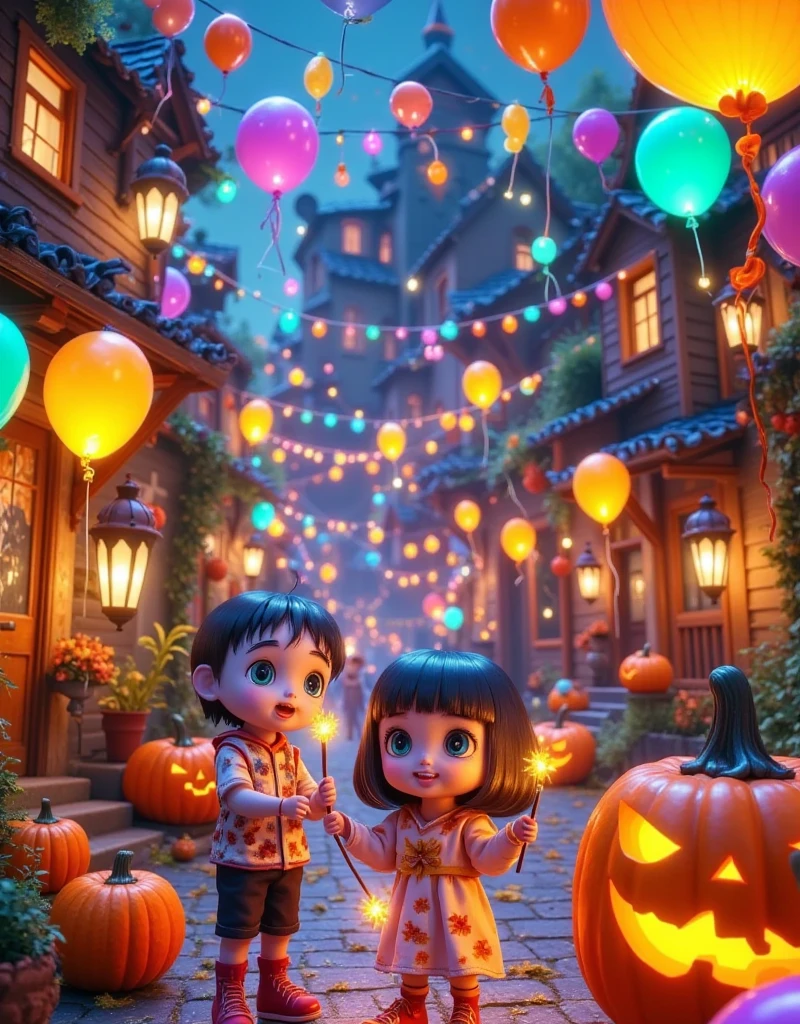 (Vision:1.0)，(Wide Angle:1.0)，(whole body:1.8)，  Halloween themed haunted house ，1girl,  A female model wears scary Halloween makeup，Wear a Halloween character costume，decorate，Atmosphere，(Halloween lanterns :1.3)，(colorful candy:1.5)，Halloween ，detail，vivid，Research 3D game art，photography，Movie Stills，Realism，Film Grain，UHD，masterpiece，accurate， anatomically correct，Skin texture ，超高detail，Award-winning works， best quality on the tree，8k，Bright colors，Bright，RGB， Colorful， is popular on social platforms，((Dopamineism))，(((Dopamine color matching)))，Facing the screen，High Saturation， High Contrast 