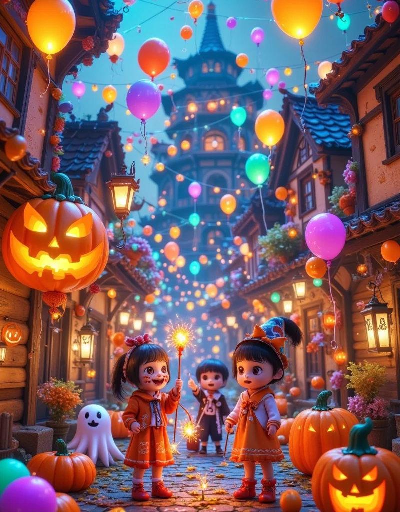 (Vision:1.0)，(Wide Angle:1.0)，(whole body:1.8)，  Halloween themed haunted house ，1girl,  A female model wears scary Halloween makeup，Wear a Halloween character costume，decorate，Atmosphere，(Halloween lanterns :1.3)，(colorful candy:1.5)，Halloween ，detail，vivid，Research 3D game art，photography，Movie Stills，Realism，Film Grain，UHD，masterpiece，accurate， anatomically correct，Skin texture ，超高detail，Award-winning works， best quality on the tree，8k，Bright colors，Bright，RGB， Colorful， is popular on social platforms，((Dopamineism))，(((Dopamine color matching)))，Facing the screen，High Saturation， High Contrast 