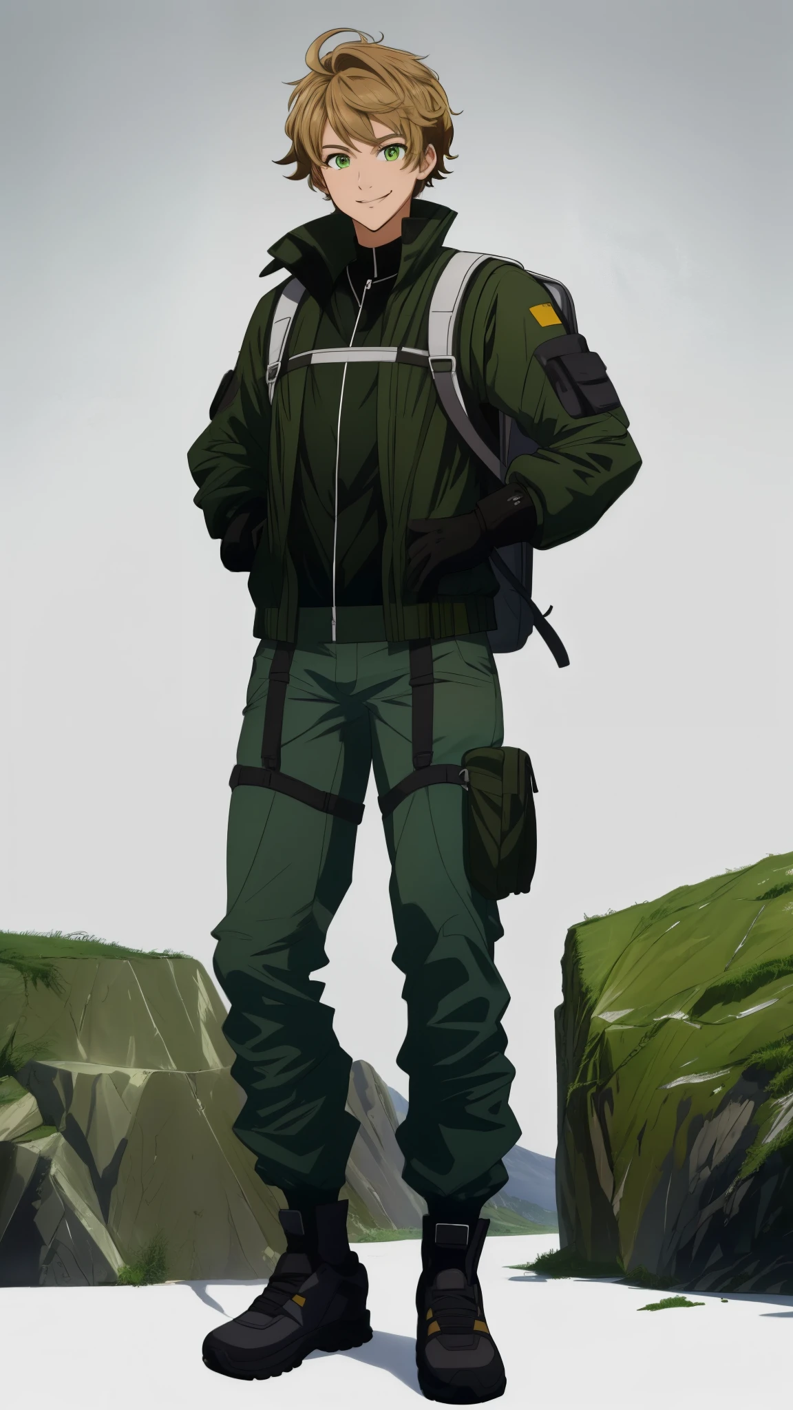 masterpiece, best quality, ((ultra detailed)), hyper detailed, highres, FHD, ((detailed face)), geological surveyor, glad, smiling, standing, arms crossed, looking at viewer, front view, short hair, messy hair, dark blonde hair, green eyes, with sparkling eyes, big eyes, shiny skin, ((tall)), slender, blouse, jacket, gloves, long pants, climbing backpack, 26-year-old, ((no background)), flat background, solid white background, cel anime, character design references, ((full body shot)), wide shot, from front, wide view, midday