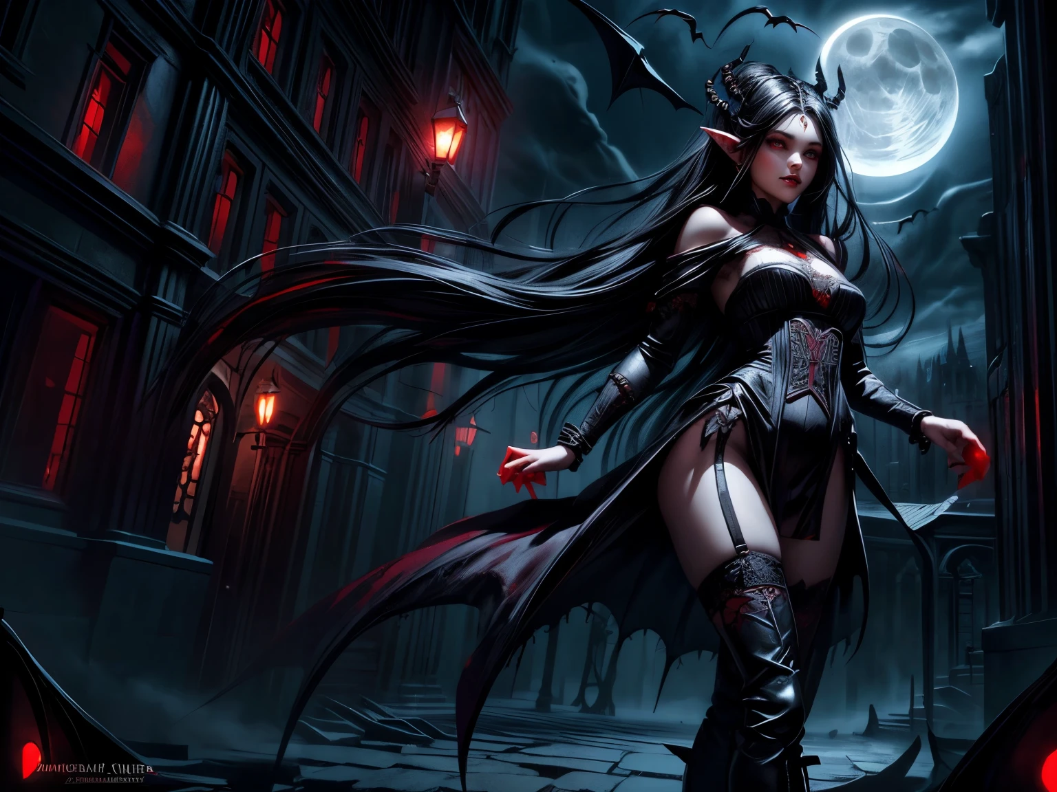 (Masterpiece, highest quality, Best Quality, Beautiful and aesthetic:1.2), full body, ultra feminine vampire elf wizard, (long flowing black hair:1.3), (red eyes:1.2), intricate blue dress with glowing runes, flowing red cloak, high-heeled boots, (vampiric fangs:1.5), delicate face, (gothic atmosphere:1.5), (moonlight and clouds:1.3), (dynamic light, soft shadows:1.2), nighttime, urban background, detailed fantasy art, beautiful, seductive expression, NSFW, ultra detailed, anatomically correct, (well-formed, symmetrical face:1.5), (perfect facial proportions:1.4), avoid distortion.