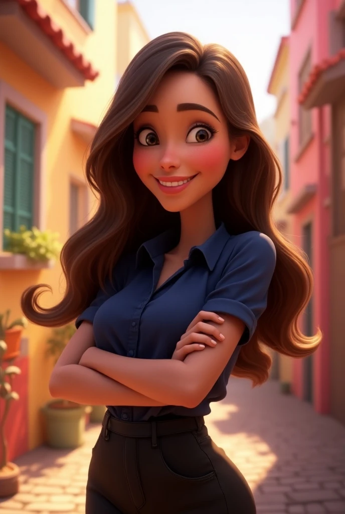 Disney-Pixar movi poster Cute Woman Wearing Navy Shirt Collar Black Pants High Waist Long Hair Standing Chest Embrace 3D Disney-Pixar style