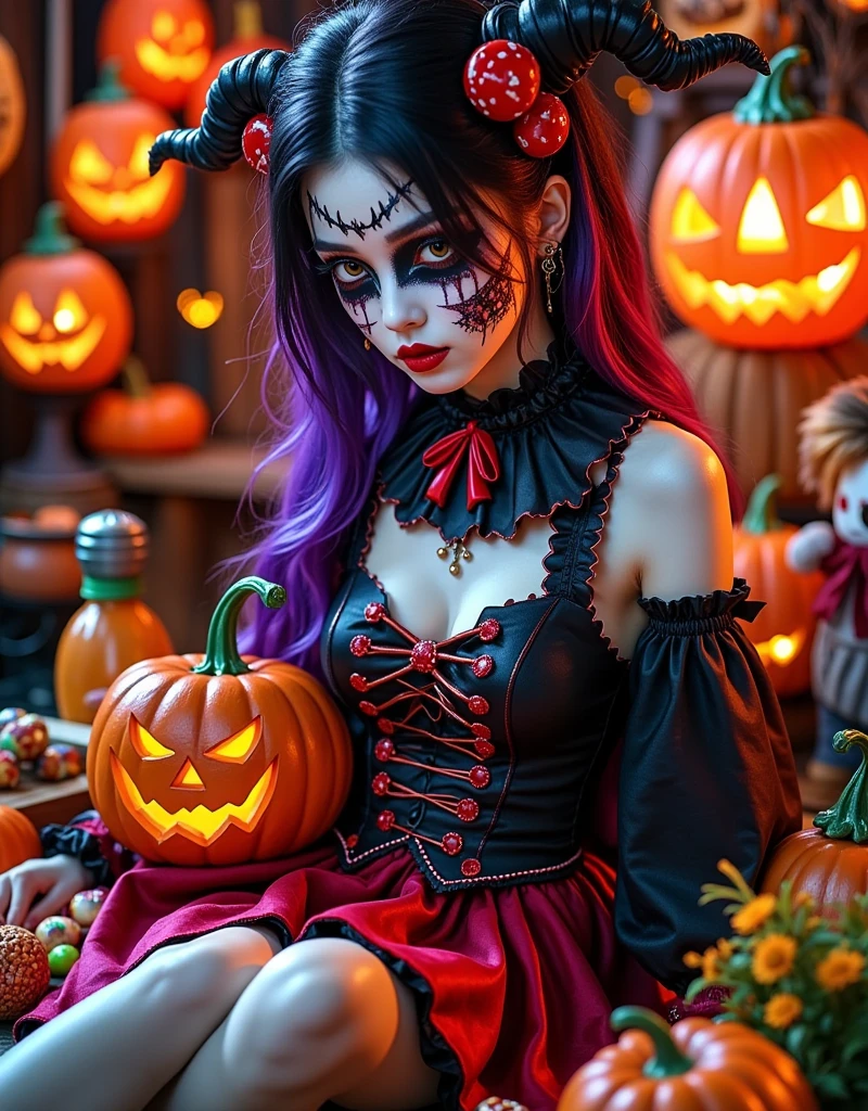 (Vision:1.0)，(Wide Angle:1.0)，(whole body:1.8)，  Halloween themed haunted house ，1girl, A female model wears scary Halloween makeup，Wear a Halloween character costume，decorate，Atmosphere，(Halloween lanterns:1.3)，(colorful candy:1.5)，Halloween ，detail，vivid，Research 3D game art，photography，Movie Stills，Realism，Film Grain，UHD，masterpiece，accurate， anatomically correct，Skin texture ，超高detail，Award-winning works， best quality on the tree，8k，Bright colors，Bright，RGB， Colorful， is popular on social platforms，((Dopamineism))，(((Dopamine color matching)))，Facing the screen，High Saturation， High Contrast 