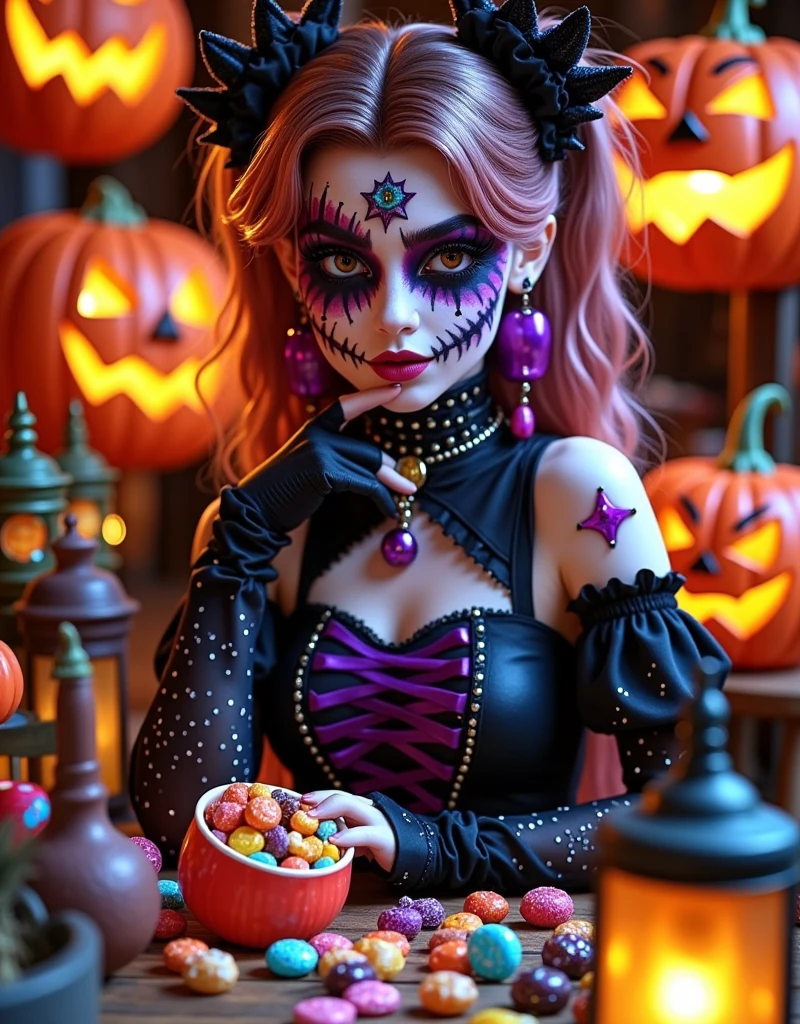 (Vision:1.0)，(Wide Angle:1.0)，(whole body:1.8)，  Halloween themed haunted house ，1girl, A female model wears scary Halloween makeup，Wear a Halloween character costume，decorate，Atmosphere，(Halloween lanterns:1.3)，(colorful candy:1.5)，Halloween ，detail，vivid，Research 3D game art，photography，Movie Stills，Realism，Film Grain，UHD，masterpiece，accurate， anatomically correct，Skin texture ，超高detail，Award-winning works， best quality on the tree，8k，Bright colors，Bright，RGB， Colorful， is popular on social platforms，((Dopamineism))，(((Dopamine color matching)))，Facing the screen，High Saturation， High Contrast 