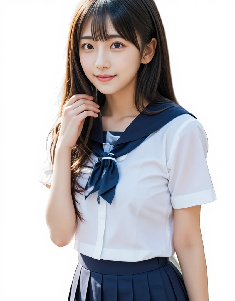 (nsfw:1.5), (masterpiece, best quality:1.2), 1girl, Alone, cute, ( super cute idol-like face:1.2)、 beautiful Japanese woman、(Age 15),  ( white sailor school uniform,  navy blue pleated skirt that touches the thigh:1.2), ((smile)), Sexy and beautiful figure, Small breasts,  very detailed faceと肌の質感、Sophistication、 very detailed face、Black Hair, Slightly longer bob hair、With bangs、 cute girl 、The best beautiful girl、Shining Eyes、 Model style, 　(In a vast, beautiful pink cosmos field:1.2),