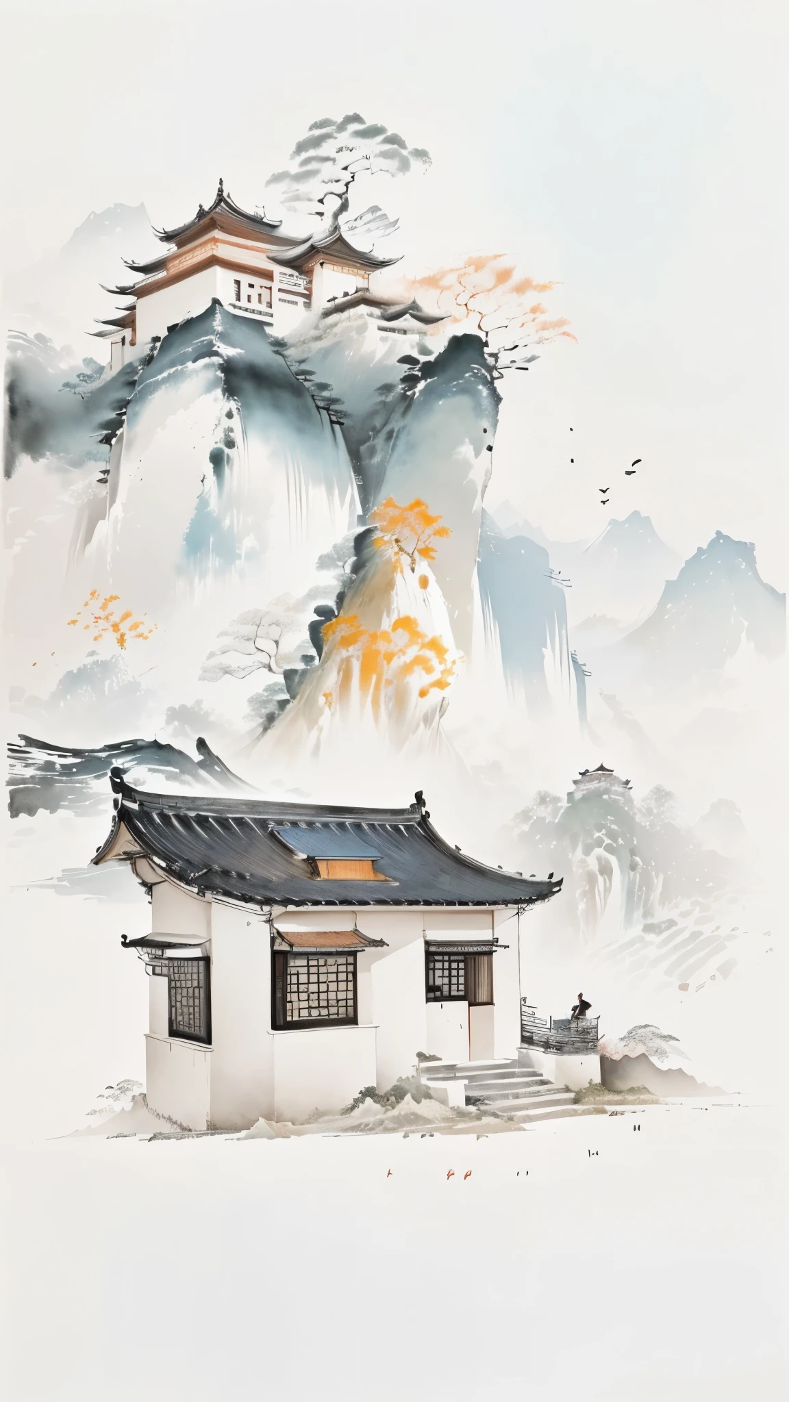 there is a painting of a house with a tree and a person sitting under it, chinese painting style, chinese watercolor style, chinese style painting, traditional chinese painting, traditional chinese ink painting, ink painting ) ) ) ), chinese brush pen illustration, by Zhou Fang, traditional chinese watercolor, inspired by Dong Qichang, chinese ink painting, by Dong Qichang