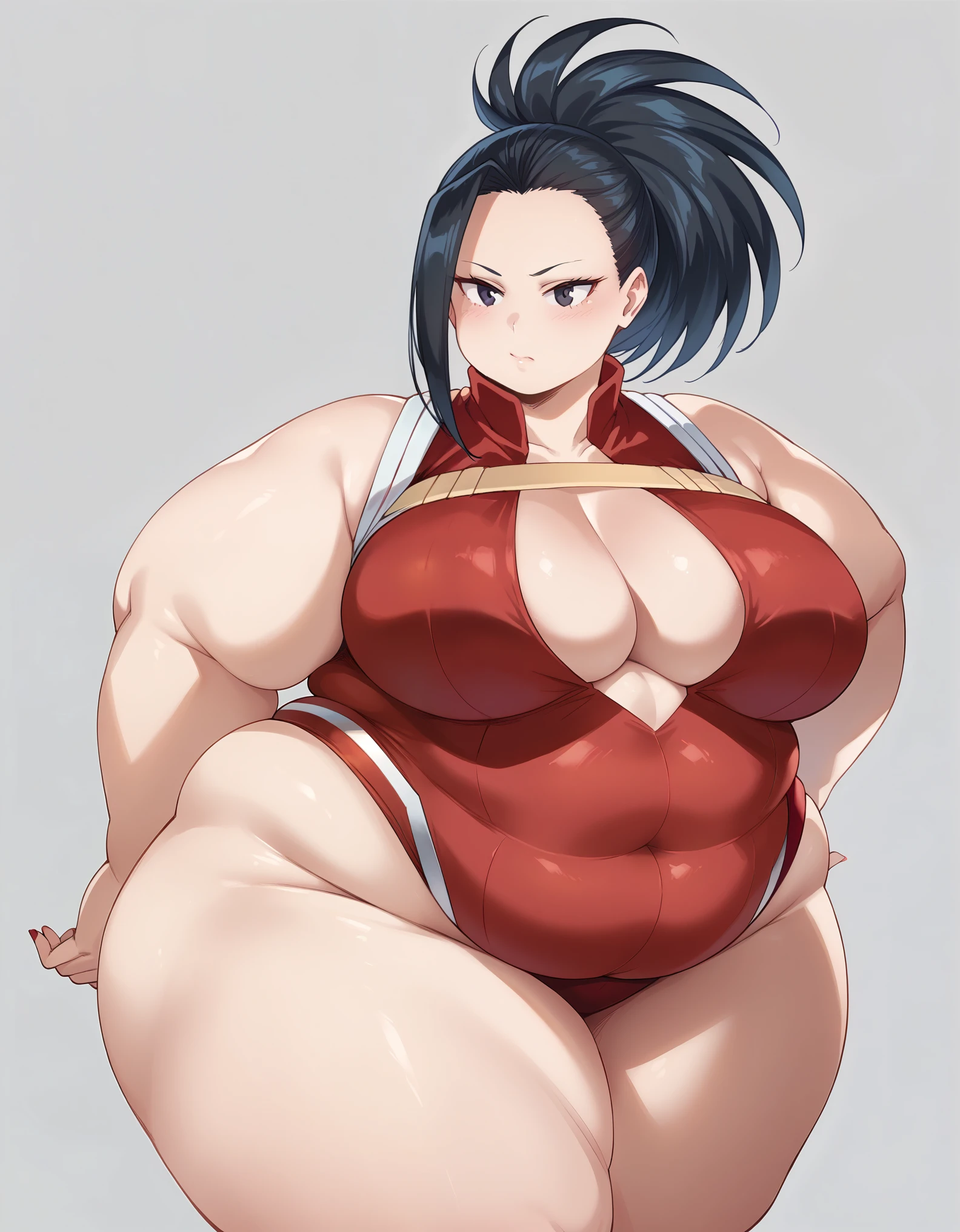 fat body, tall, yaoyorozumomo, black eyes, black hair, ponytail, long hair, hair pulled back, center opening, cleavage, red leotard, hero outfit, fat body, wide waist big . sexy body, sexy figure, fat thighs, sexy, wide waist, desireable, tempting, lust, fat, chubby, obese, gigantic arms and legs 