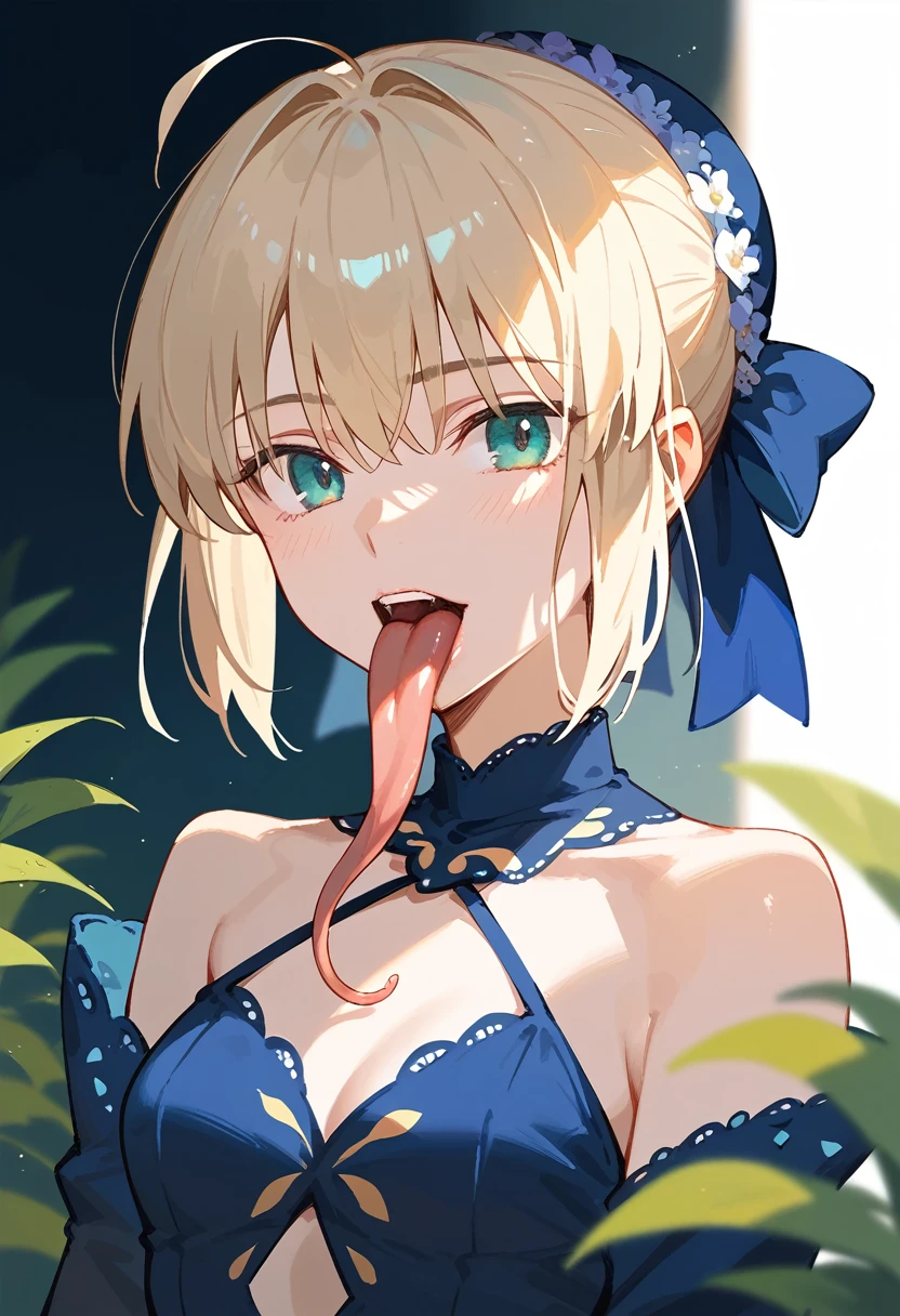 (Saber、Fatestaynight) beautiful girl　 mouth up　Long Tongue　Tongue out