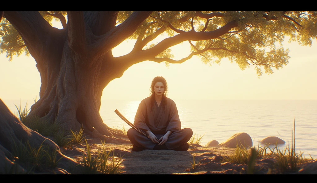 Yurnero, the samurai warrior, sits cross-legged under an ancient tree, his face calm and focused in deep meditation. His long dark hair flows gently in the breeze, and his katana lies at his side, its blade sheathed but ever ready. The soft morning light casts a golden hue over his strong features, while the distant sound of the ocean brings a sense of peace. The weight of his lost home and fallen comrades is visible in his expression, though his posture remains steady.