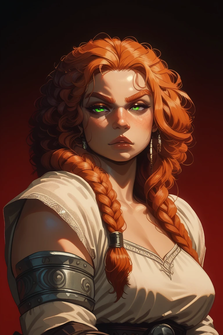 beautiful ginger ((dwarven woman)) in her 30s, with green eyes and striking features, exuding maturity and allure in a seductive pose.(dark-red background),(dwarf) female ,((curvy)), ((thick)), chubby , (((short hight))) , ( small),i, beauty, ginger braided hair, thicc,mature female, plump, 1.5M, short, small size,