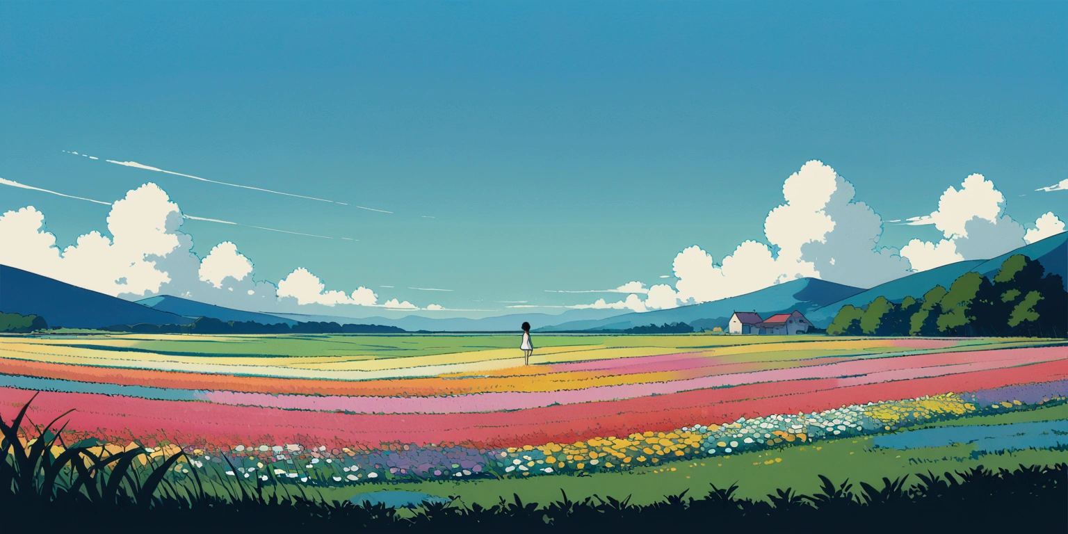 (minimalism:1.4), Flower field , Studio Ghibli art, Miyazaki, pasture with blue sky and white clouds ,pastel , cute, landscape