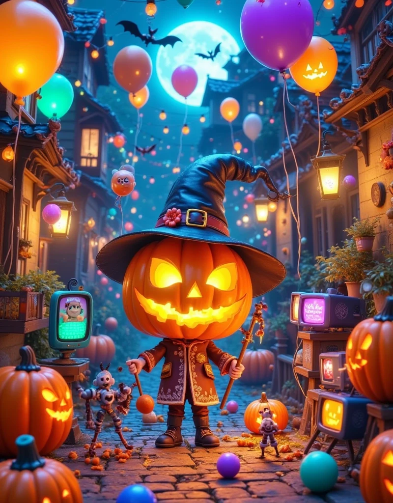 This image is a digital illustration of a Halloween scene. In the center of the picture,there is a large pumpkin with a jack-o '-lantern face carved into it. Pumpkin wears a black witch's hat with a gold buckle and a red flower. The witch was standing on the wooden floor,surrounded by other pumpkins. There are also bats flying around the pumpkin with a full moon in the background. The overall color scheme is orange,black and white,giving a strange and festive feeling., This image shows a variety of electronic devices and accessories scattered across a blue surface. In the center of the image,there is a blue and green vintage-style laptop with a large screen. The computer is surrounded by other electronic devices such as keyboards,mice,game controllers and small robots. On the right side of the computer,there are two small black and purple TVS with a cartoon character on the screen. In the background is a dark blue wall with patterned wallpaper. The overall color scheme is bright and vibrant,giving a playful and whimsical feel.