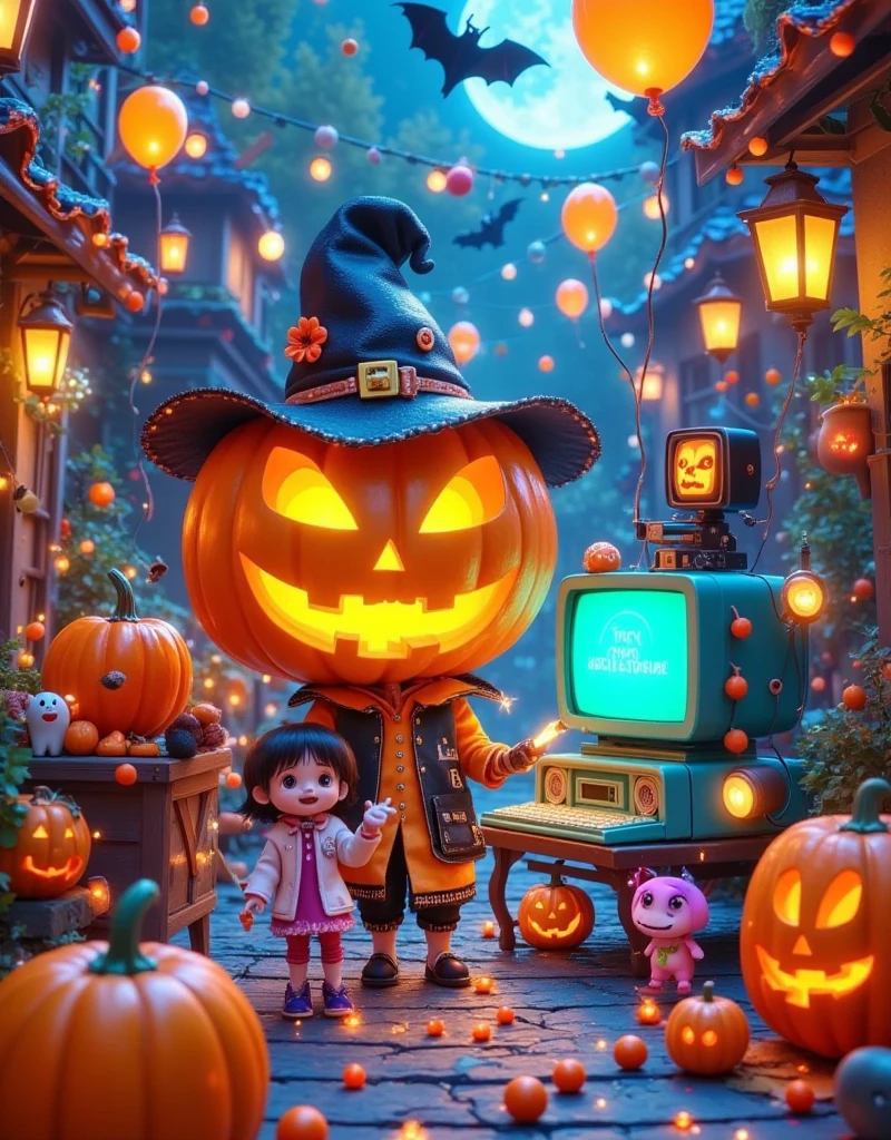 This image is a digital illustration of a Halloween scene. In the center of the picture,there is a large pumpkin with a jack-o '-lantern face carved into it. Pumpkin wears a black witch's hat with a gold buckle and a red flower. The witch was standing on the wooden floor,surrounded by other pumpkins. There are also bats flying around the pumpkin with a full moon in the background. The overall color scheme is orange,black and white,giving a strange and festive feeling., This image shows a variety of electronic devices and accessories scattered across a blue surface. In the center of the image,there is a blue and green vintage-style laptop with a large screen. The computer is surrounded by other electronic devices such as keyboards,mice,game controllers and small robots. On the right side of the computer,there are two small black and purple TVS with a cartoon character on the screen. In the background is a dark blue wall with patterned wallpaper. The overall color scheme is bright and vibrant,giving a playful and whimsical feel.