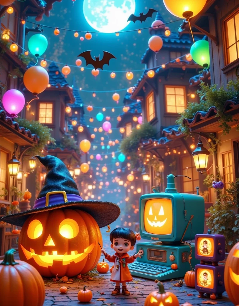 This image is a digital illustration of a Halloween scene. In the center of the picture,there is a large pumpkin with a jack-o '-lantern face carved into it. Pumpkin wears a black witch's hat with a gold buckle and a red flower. The witch was standing on the wooden floor,surrounded by other pumpkins. There are also bats flying around the pumpkin with a full moon in the background. The overall color scheme is orange,black and white,giving a strange and festive feeling., This image shows a variety of electronic devices and accessories scattered across a blue surface. In the center of the image,there is a blue and green vintage-style laptop with a large screen. The computer is surrounded by other electronic devices such as keyboards,mice,game controllers and small robots. On the right side of the computer,there are two small black and purple TVS with a cartoon character on the screen. In the background is a dark blue wall with patterned wallpaper. The overall color scheme is bright and vibrant,giving a playful and whimsical feel.