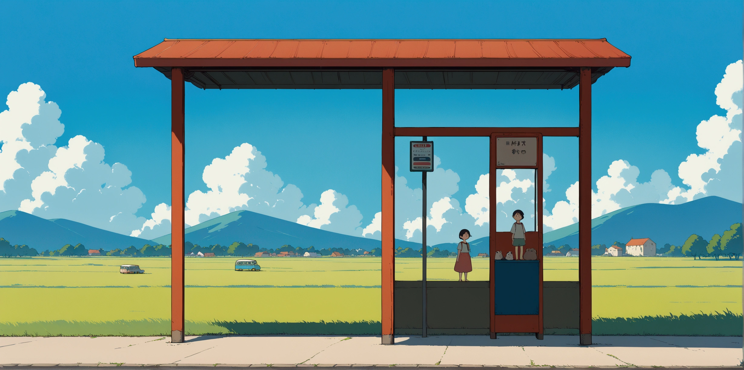 (minimalism:1.4), Bus stop , Studio Ghibli art, Miyazaki, pasture with blue sky and white clouds ,pastel , cute