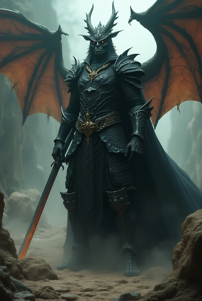 extremely detailed 8k background image), intricate, rich in detail, dramatic, The Dragon Lord holds a great sword with both hands in an attacking stance, highly detailed shoulder pads made of black steel modeled after dragon heads with shimmering silver decorations and ornaments, an overlying gray cloak featuring a highly detailed large hood pulled low over the bearded sinister face with only a pair of red eyes peeking out from underneath, highly detailed gray feathered dragon wings with translucent membranes, insanely realistic graphics, insanely detailed detailing, ultra realistic and highly detailed heavy black steel armor with lustrous silvers shiny adornments on a gray tunic, extremely detailed heavy black steel gloves and boots with reinforced shiny silver adornments, the light is reflected on the adornments, glowing ash floats from torches from the left to the right corner of the arched corridors when walking through the gloomy Cathedral, the whole scene is reflected in the wet vaulted floor,