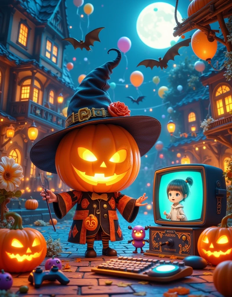 This image is a digital illustration of a Halloween scene. In the center of the picture,there is a large pumpkin with a jack-o '-lantern face carved into it. Pumpkin wears a black witch's hat with a gold buckle and a red flower. The witch was standing on the wooden floor,surrounded by other pumpkins. There are also bats flying around the pumpkin with a full moon in the background. The overall color scheme is orange,black and white,giving a strange and festive feeling., This image shows a variety of electronic devices and accessories scattered across a blue surface. In the center of the image,there is a blue and green vintage-style laptop with a large screen. The computer is surrounded by other electronic devices such as keyboards,mice,game controllers and small robots. On the right side of the computer,there are two small black and purple TVS with a cartoon character on the screen. In the background is a dark blue wall with patterned wallpaper. The overall color scheme is bright and vibrant,giving a playful and whimsical feel.