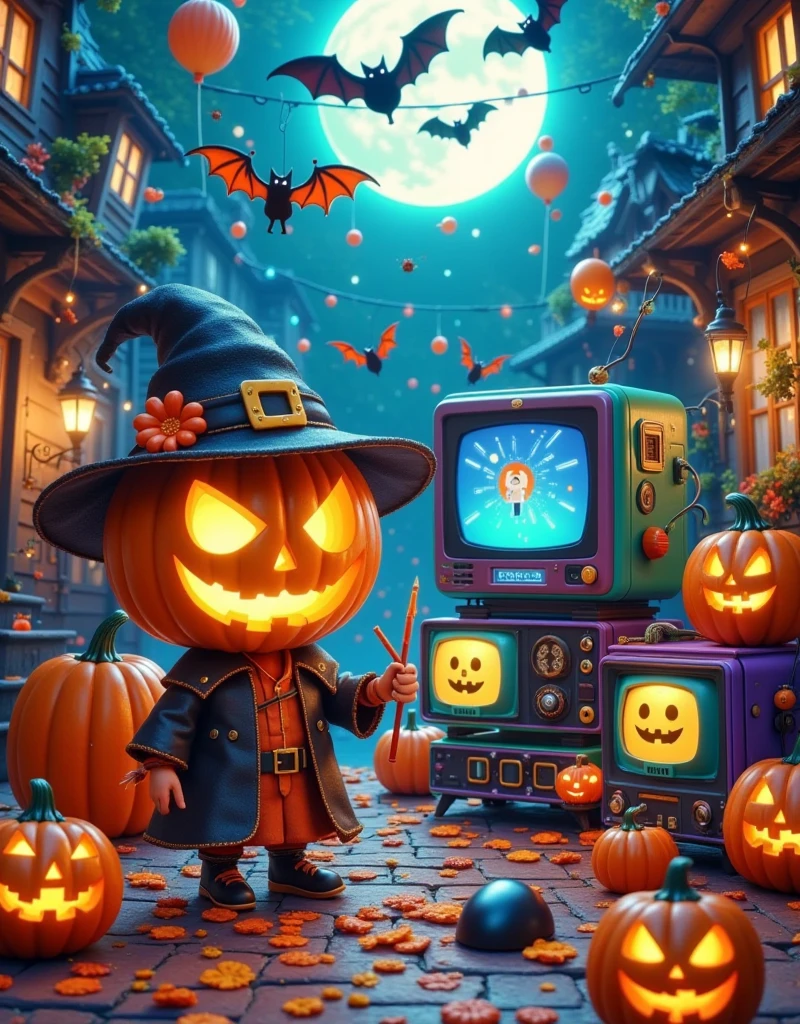 This image is a digital illustration of a Halloween scene. In the center of the picture,there is a large pumpkin with a jack-o '-lantern face carved into it. Pumpkin wears a black witch's hat with a gold buckle and a red flower. The witch was standing on the wooden floor,surrounded by other pumpkins. There are also bats flying around the pumpkin with a full moon in the background. The overall color scheme is orange,black and white,giving a strange and festive feeling., This image shows a variety of electronic devices and accessories scattered across a blue surface. In the center of the image,there is a blue and green vintage-style laptop with a large screen. The computer is surrounded by other electronic devices such as keyboards,mice,game controllers and small robots. On the right side of the computer,there are two small black and purple TVS with a cartoon character on the screen. In the background is a dark blue wall with patterned wallpaper. The overall color scheme is bright and vibrant,giving a playful and whimsical feel.