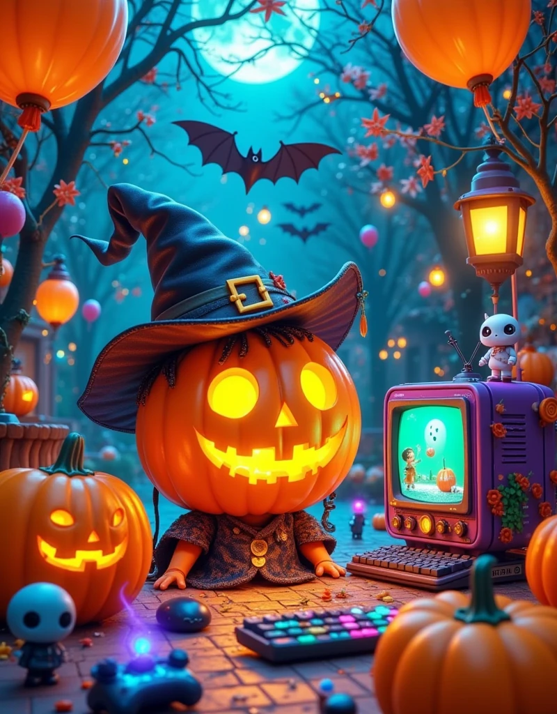 This image is a digital illustration of a Halloween scene. In the center of the picture,there is a large pumpkin with a jack-o '-lantern face carved into it. Pumpkin wears a black witch's hat with a gold buckle and a red flower. The witch was standing on the wooden floor,surrounded by other pumpkins. There are also bats flying around the pumpkin with a full moon in the background. The overall color scheme is orange,black and white,giving a strange and festive feeling., This image shows a variety of electronic devices and accessories scattered across a blue surface. In the center of the image,there is a blue and green vintage-style laptop with a large screen. The computer is surrounded by other electronic devices such as keyboards,mice,game controllers and small robots. On the right side of the computer,there are two small black and purple TVS with a cartoon character on the screen. In the background is a dark blue wall with patterned wallpaper. The overall color scheme is bright and vibrant,giving a playful and whimsical feel.