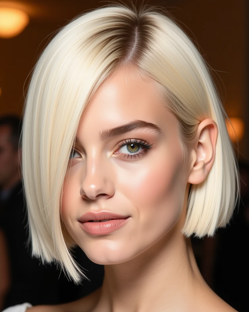 Close-up portrait of a young woman with a sleek, asymmetrical platinum blonde bob. Hair is parted slightly off-center, with the longer side sweeping across the left side of her face, partially covering her eye. The right side is tucked behind her ear, revealing more of her face. Hair length is just above the shoulders, with the ends perfectly straight and blunt cut. The platinum blonde color is uniform and bright, with a subtle warm undertone.
Facial features are striking, with arched eyebrows, blue-green eyes enhanced by long lashes, and full, slightly parted lips. Makeup is natural and glowing, with a soft blush on the cheeks and a nude pink lip color. Skin appears flawless with a dewy finish.
The image has a sophisticated, high-fashion feel, with warm lighting creating depth and dimension in the hair and facial features. Background suggests an indoor, possibly event setting.