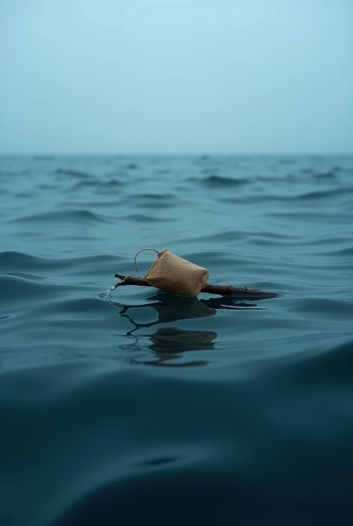 a old tea bag lying on a wood stick in the middle of a vast ocean, serene ocean waves, cinematic lighting, dramatic atmospheric lighting, moody natural lighting, photorealistic, highly detailed, 8k, masterpiece