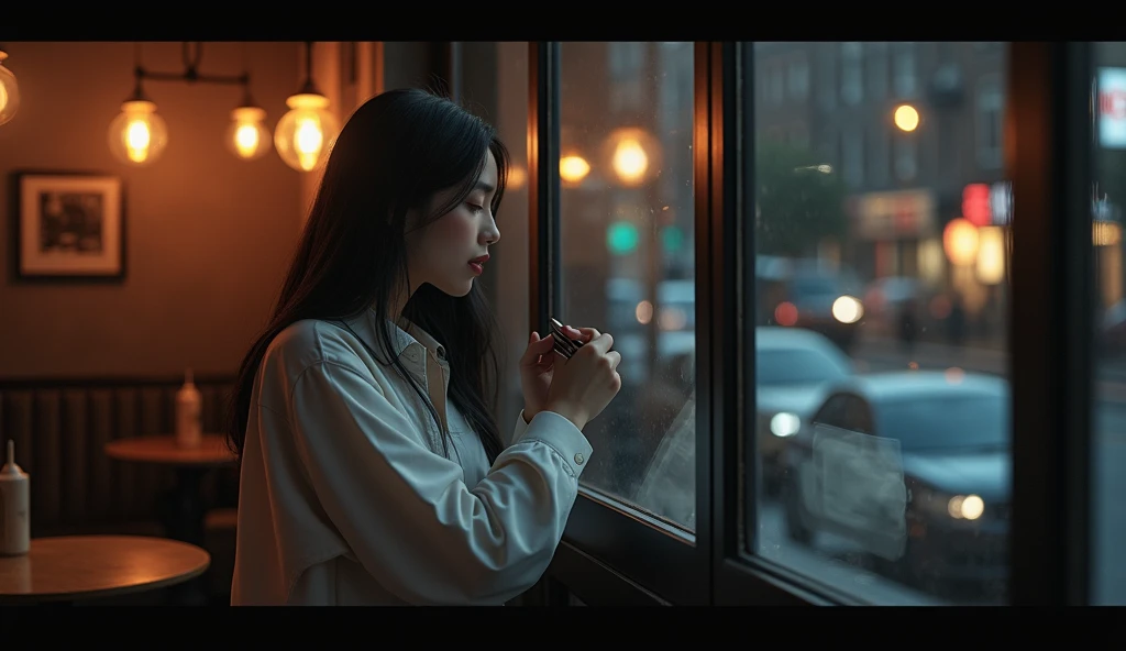 a woman holding a cigarette, looking wistfully out of a window blurred by the gray morning mist