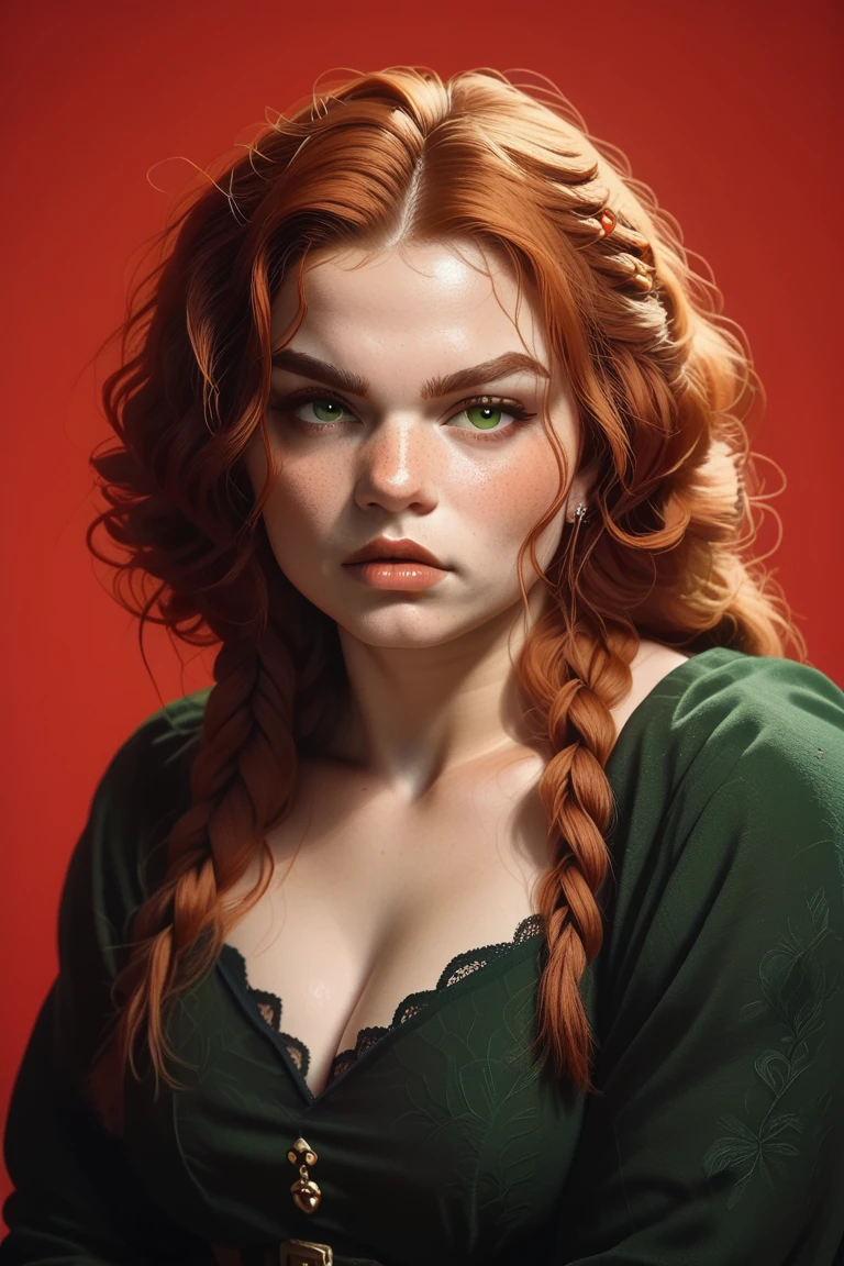 beautiful ginger ((dwarven woman)) in her 30s, with green eyes and striking features, exuding maturity and allure in a seductive pose.(dark-red background),(dwarf) female ,((curvy)), ((thick)), chubby , (((short hight))) , ( small),i, beauty, ginger braided hair, thicc,mature female, plump, 1.5M, short, small size,