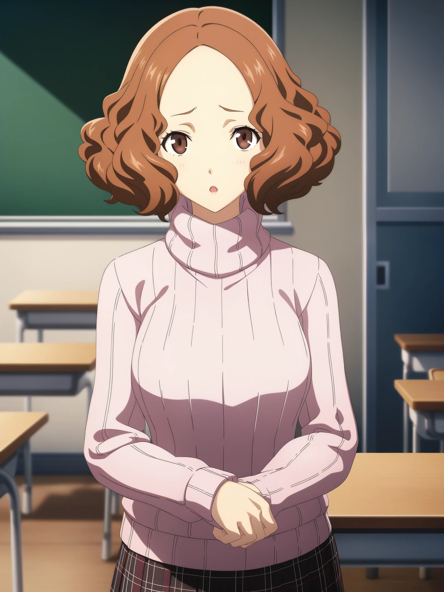 dsharu, brown hair, short hair, brown eyes, pink ribbed sweater, turtleneck, plaid skirt, white floral print pantyhose, school uniform, 1girl, solo
BREAK
classroom, blackboard, depth of field, cinematic, game cg, anime screencap, official art, masterpiece, best quality
