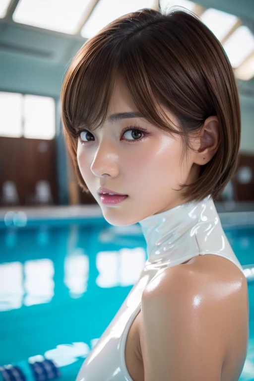 Latex bodysuit、huge 、Short brown hair、30-year-old gravure idol、Shiny, oily skin、Glowing Skin、Indoor competition pool、White skin