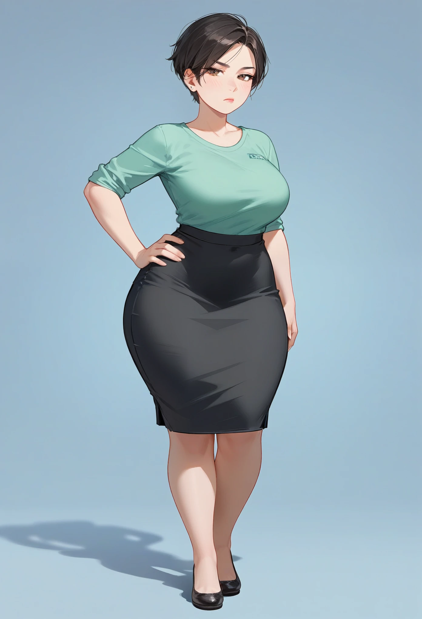 (score_9,score_8_up,score_7_up) 1lady asian, solo, shortstack, petite, older woman, 50 year old woman, mature female, adult woman, very short hair, tomboy hairstyle, black hair, almond eyes, unamused expression, green button up casual blouse with collar, green short sleeved blouse, tight long pencil skirt, very long skirt, long black pencil skirt, half lidded eyes, one hand on hip, blank expression, pale, thick thighs, ballerina flats shoes, black footwear, wide hips, standing upright, full body shown, thick legs, massive thighs, older woman, milf, voluptuous, older asian woman, hourglass bodyfigure, , asian details, facing forward, detailed face, staring, long fingernails, natural nails