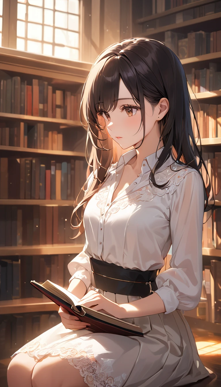 masterpiece, Long straight black hair, Ear tucked hair, Deep brown eyes, Soft and elegant expression, Subtle sorrow in eyes, Long lashes, White blouse with lace details, Cream-colored knee-length skirt, Simple and classic jewelry, Quiet and graceful posture, Calm and intelligent aura, Sitting in a warm lit library, Holding a book with focus, Soft sunlight streaming through large windows, Surrounded by old books and shelves