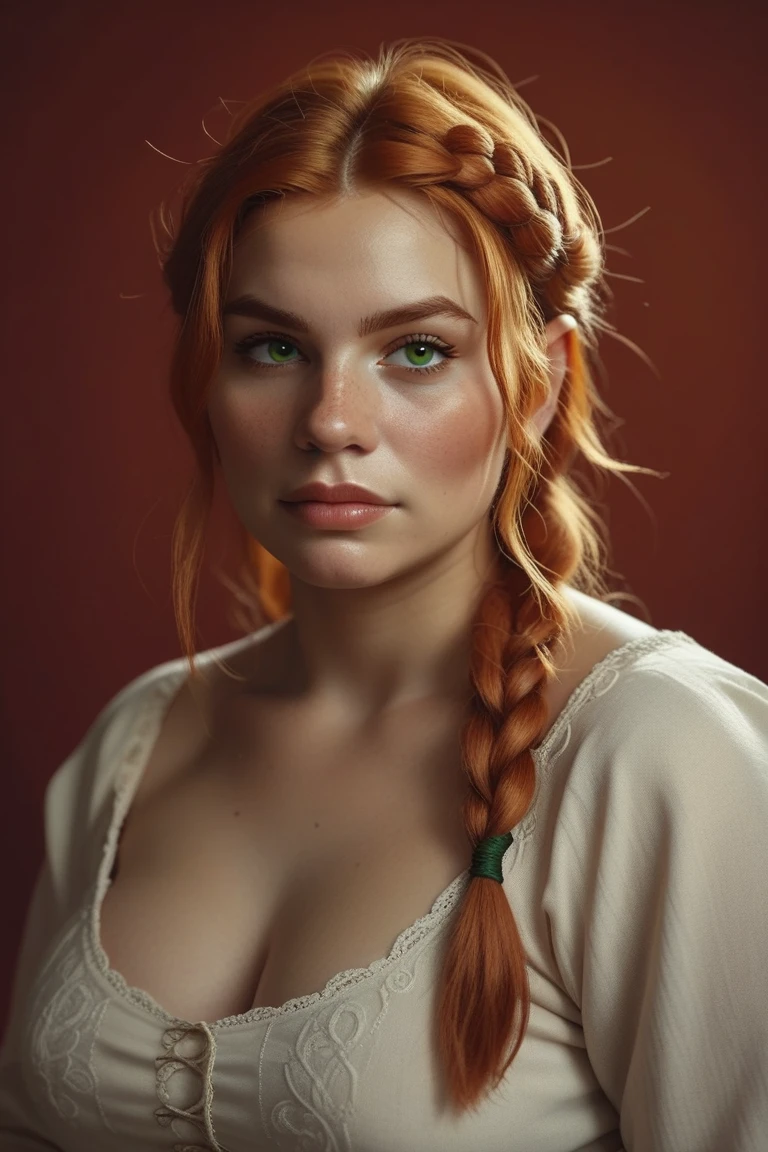 beautiful ginger ((dwarven woman)) in her 30s, with green eyes and striking features, exuding maturity and allure in a seductive pose.(dark-red background),(dwarf) female ,((curvy)), ((thick)), chubby , (((short hight))) , ( small),i, beauty, ginger braided hair, thicc,mature female, plump, 1.5M, short, small size,