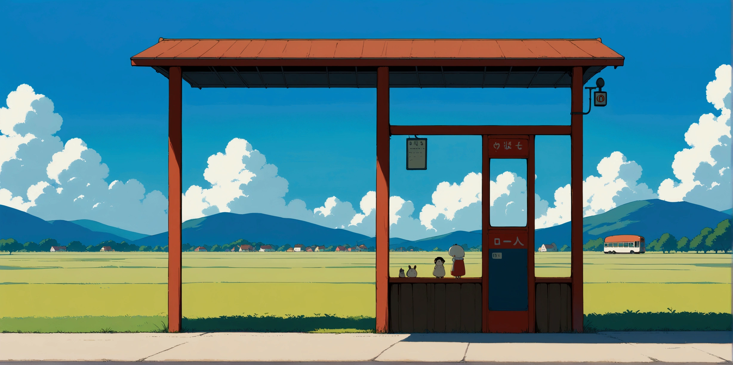 (minimalism:1.4), Bus stop , Studio Ghibli art, Miyazaki, pasture with blue sky and white clouds ,pastel , cute