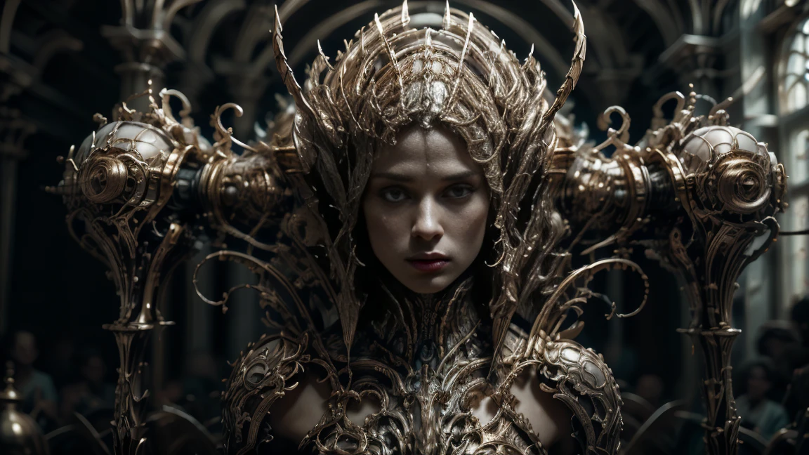 ((best quality)), ((masterpiece)), ((realistic)), Medusa, upper body, hair is composed of countless small snakes, golden metal carved underwear, intricate design, metal chains, green eyes, female face , , trending on artstation, sharp focus, studio photo, intricate detail, very detailed, detailed eye, illustration, very detailed, sharp focus, digital render, professional, 4k