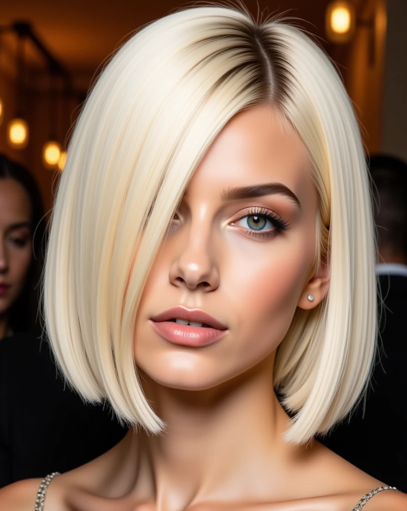 Portrait of a young woman with a sleek, asymmetrical platinum blonde bob. ((Hair is parted slightly off-center)), with the longer side sweeping across the left side of her face, partially covering her eye. The right side is tucked behind her ear, revealing more of her face. Hair length is just above the shoulders, with the ends perfectly straight and blunt cut. The platinum blonde color is uniform and bright, with a subtle warm undertone.
Facial features are striking, with arched eyebrows, blue-green eyes enhanced by long lashes, and full, slightly parted lips. Makeup is natural and glowing, with a soft blush on the cheeks and a nude pink lip color. Skin appears flawless with a dewy finish.
The image has a sophisticated, high-fashion feel, with warm lighting creating depth and dimension in the hair and facial features. Background suggests an indoor, possibly event setting.