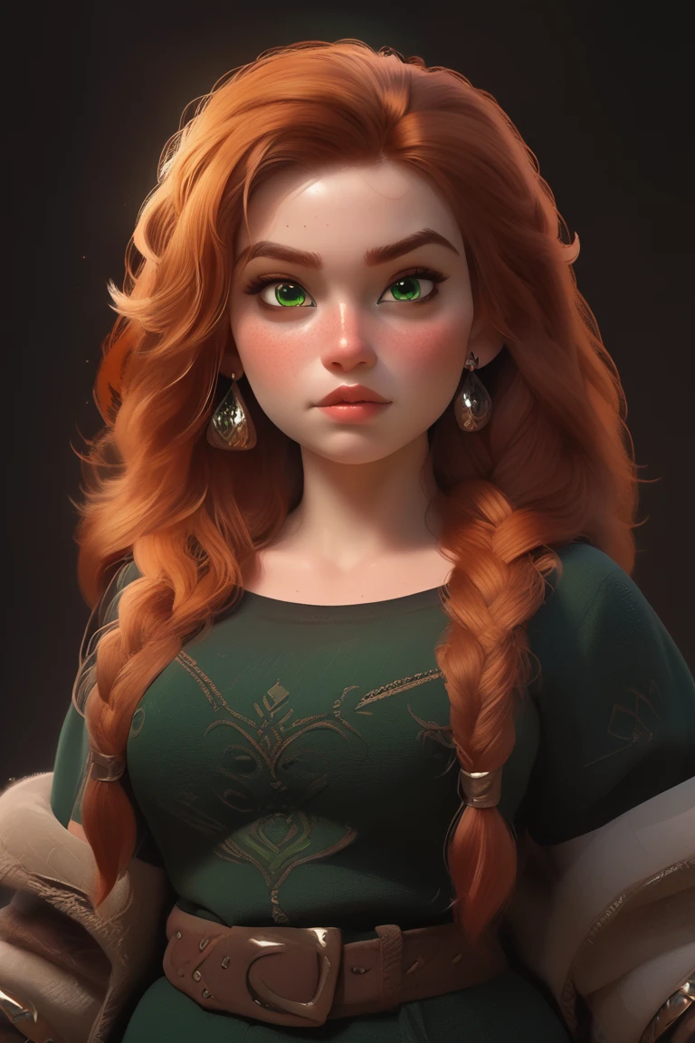 beautiful ginger ((dwarven woman)) in her 30s, with green eyes and striking features, exuding maturity and allure in a seductive pose.(dark-red background),(dwarf) female ,((curvy)), ((thick)), chubby , (((short hight))) , ( small),i, beauty, ginger braided hair, thicc,mature female, plump, 1.5M, short, small size,